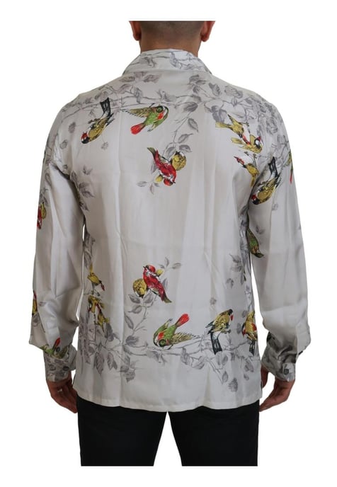 Dolce & Gabbana Men's White Bird Print Silk Satin Casual Shirt - Image 3