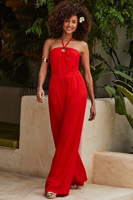 Red Ring Detail Halter Neck Jumpsuit