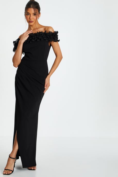 Black Bardot Ruffle Ruched Maxi Dress - Image 1