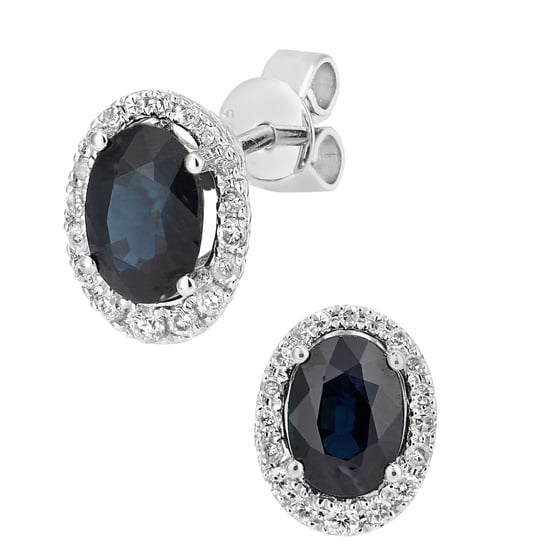 9ct White Gold Diamond and Sapphire Gemstone Oval Cut Stud Earrings