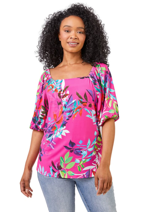 Petite Tropical Print Square Neck Top