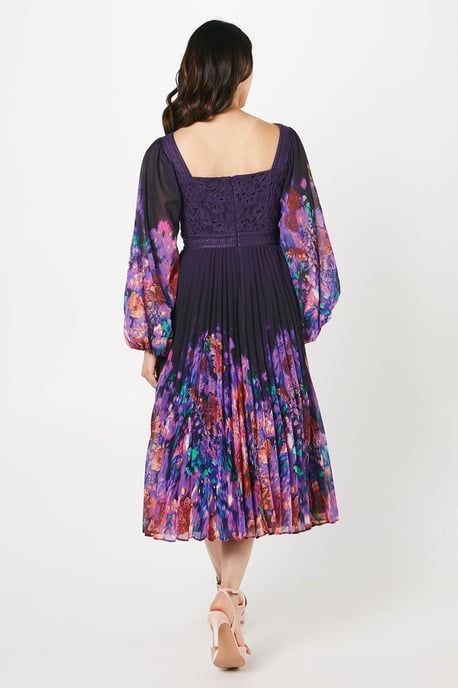 Placement Print Lace Bodice Pleated Skirt Midi Dress - Image 3