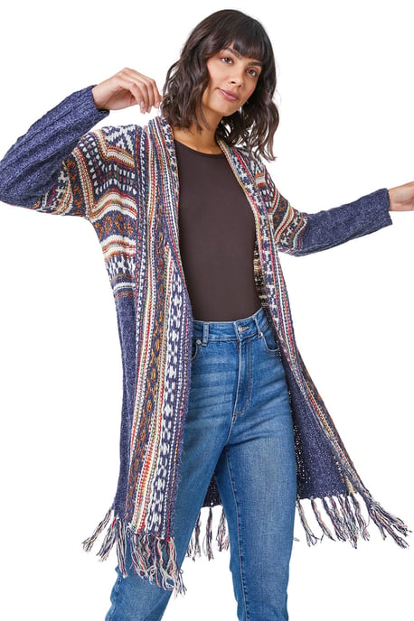 Aztec Print Tassel Hem Longline Cardigan