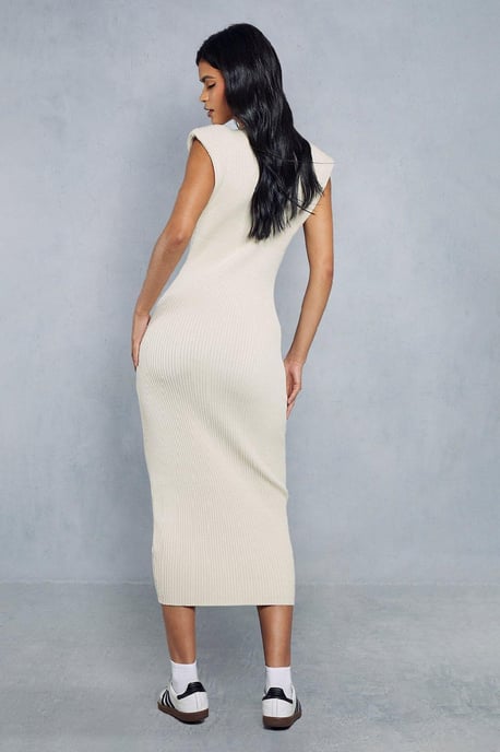 Knitted Ribbed Shoulder Pad Detail Maxi Dress