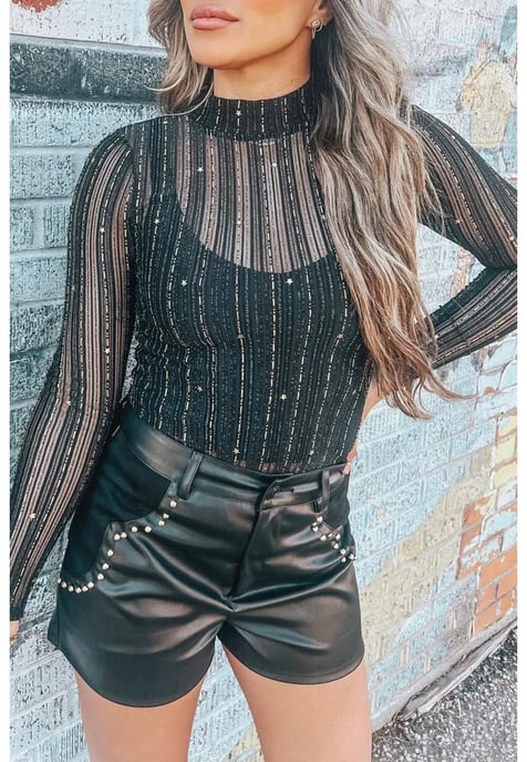 Women's Mesh Mock Neck Long Sleeve Bodysuit in Black - Image 4