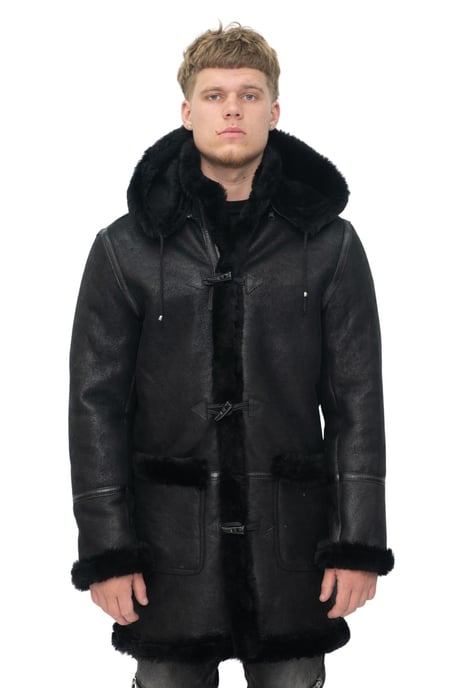 Men's winter sheepskin duffle coat with hood - Helsingfors