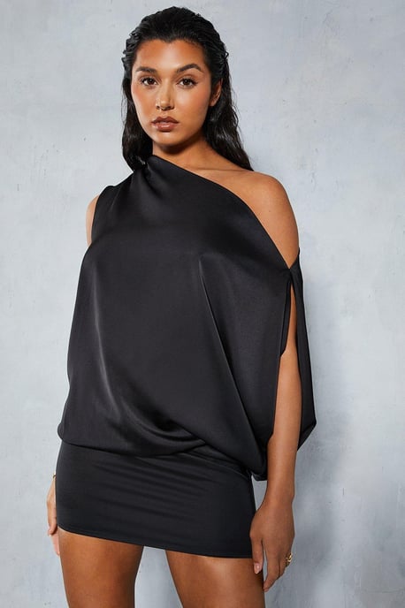 Satin Off Shoulder Asymmetric Bodycon Mini Dress