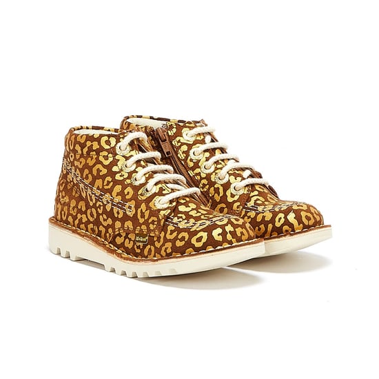 Boy's Girls Kickers Kick Hi Leopard Junior Brown / Gold Boots - Image 1
