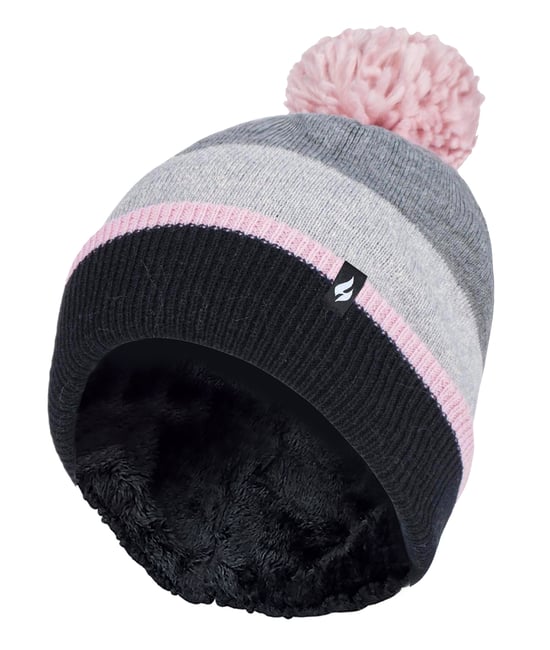 Heat Holders - Varm stickad fleece fodrad vinterhatt för damer med Pom Pom - Grå / Rosa - Image 1