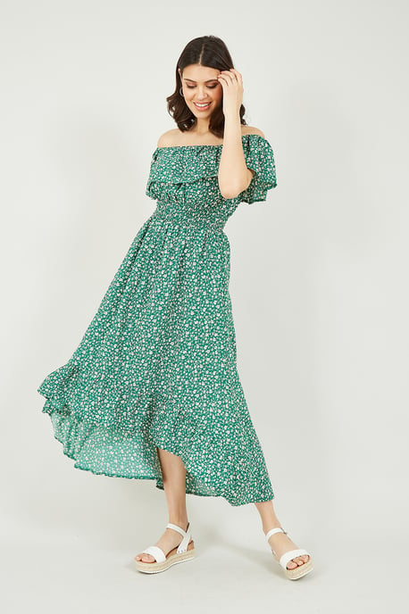 Mela Green Ditsy Daisy Printed Dipped Hem Bardot Dress - Image 1