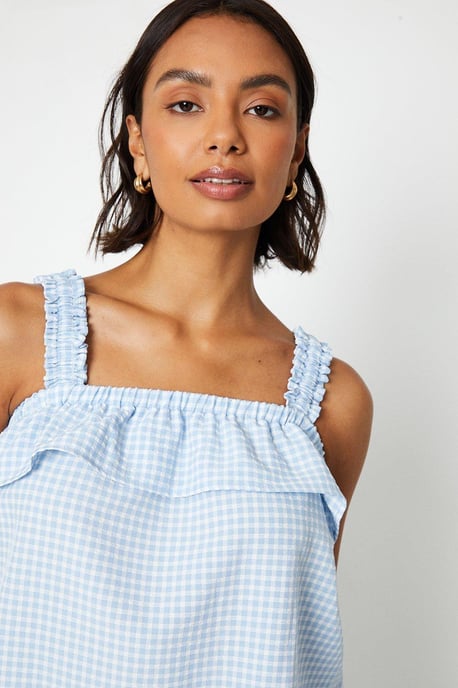 Gingham Frill Square Neck Strappy Top
