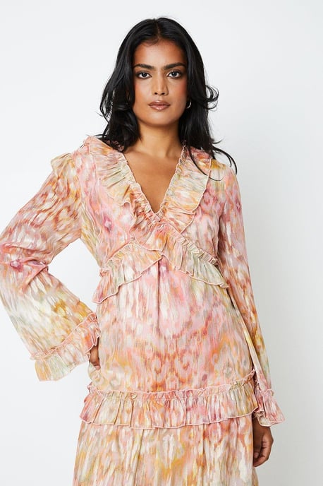 Ikat Print Ruffle Metallic Jacquard Midaxi Dress
