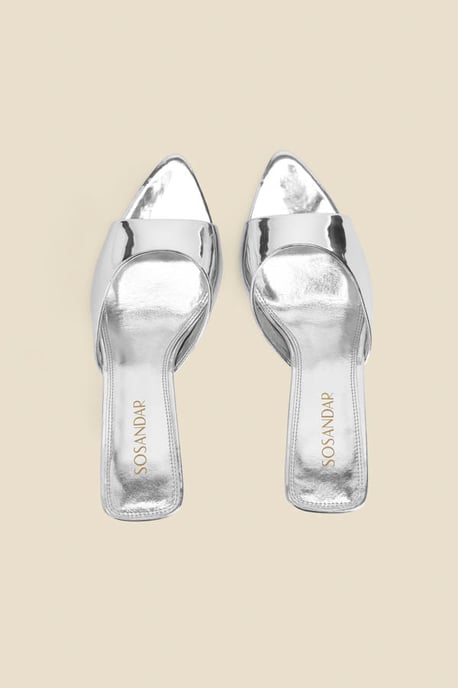 Silver Leather Flared Heel Pointed Toe Mules