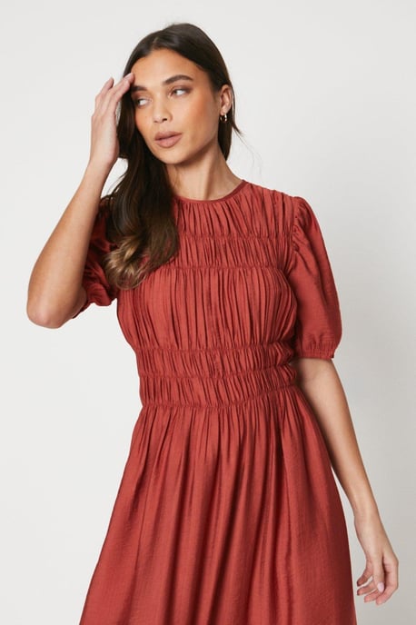 Petite Shirred Bodice Puff Sleeve Midi Dress