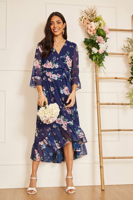 Navy Floral Wrap Dress With Dipped Hem