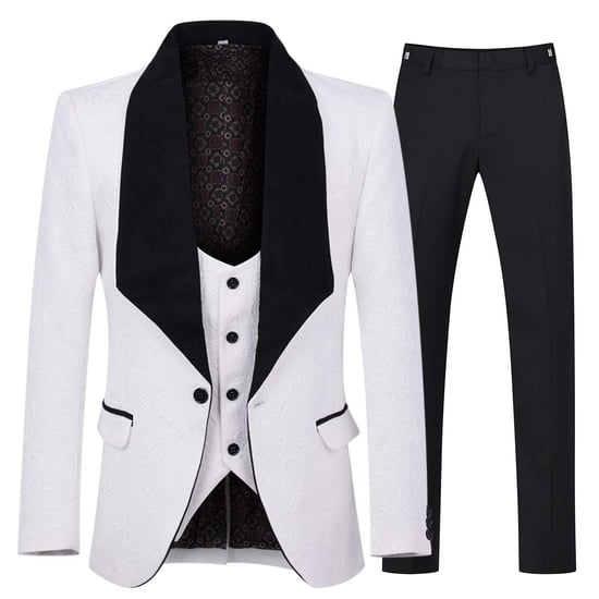 3-Piece Paisley White Suit Shawl Collar Suit