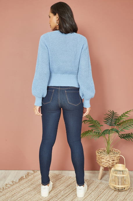 Blue Balloon Sleeve Cable Knit V Neck Jumper