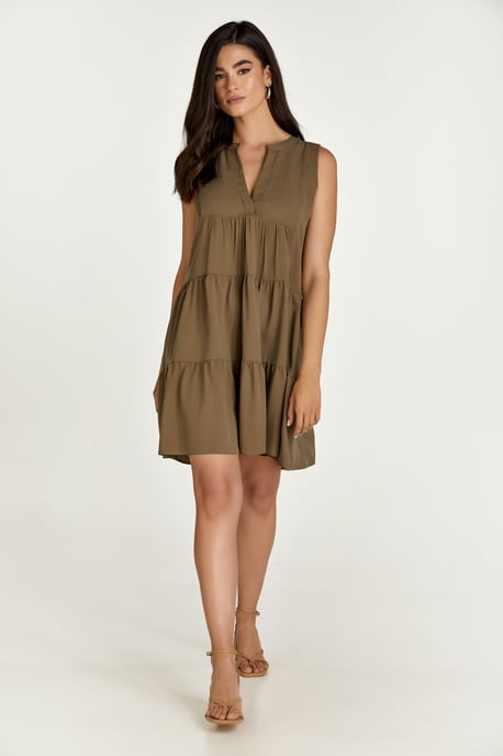 Sleeveless Olive Colour A Line Dress