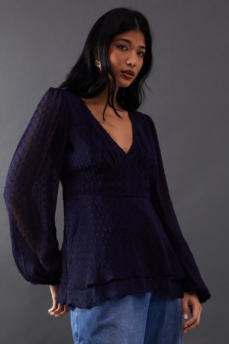 Plunge Neck Dobby Chiffon Double Layer Blouse