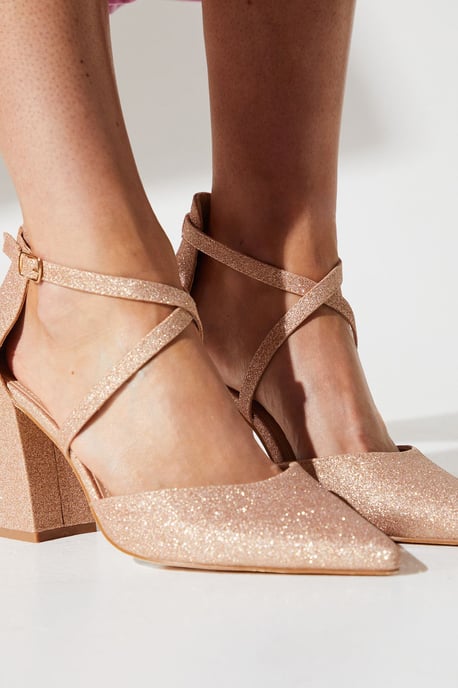 Wide Fit Treat Glittter Cross Strap Pointed Block Heel Court Shoes - Image 4