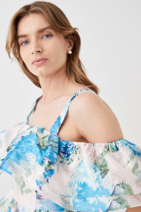 Jacquard Frill Bardot Midi Dress