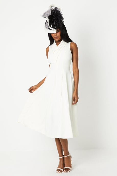 Lisa Tan Crepe Pleat Collar Full Skirt Midi Dress