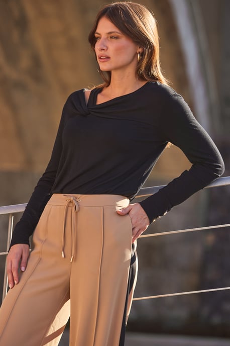 Black Asymmetric Neck Detail Jersey Top