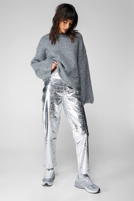 Metallic Crackle Faux Leather Trousers