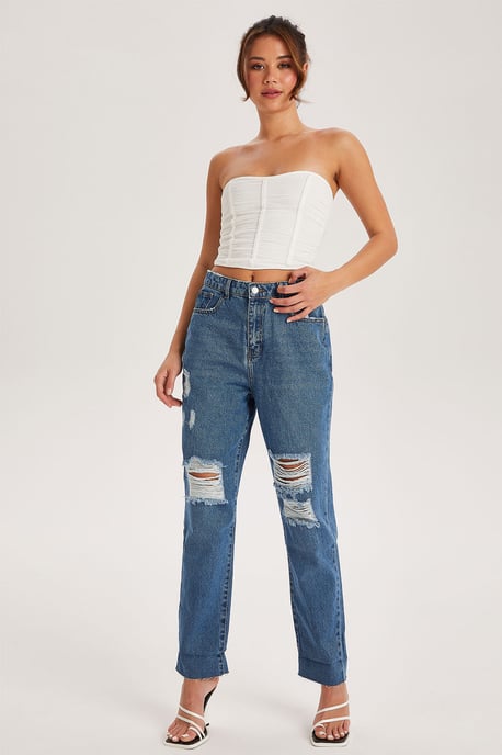 Mid Blue Ripped Mom Jeans