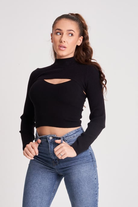 Black 2in1 Long Sleeve Crop Jumper & Vest Set