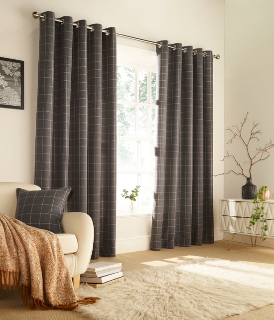 Ellis Windowpane Check Eyelet Curtains in Grey - Image 1