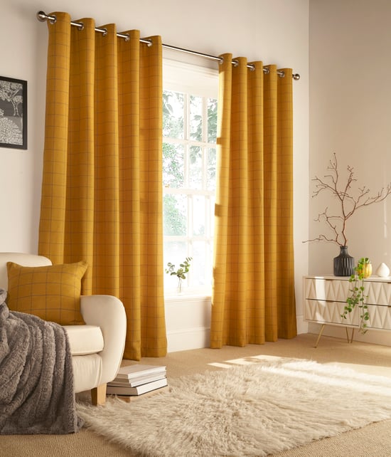Ellis Windowpane Check Eyelet Curtains in Ochre