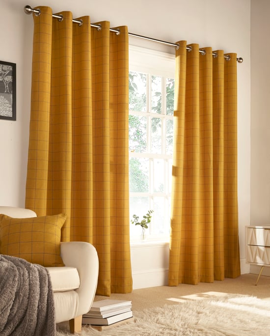 Ellis Windowpane Check Eyelet Curtains in Ochre