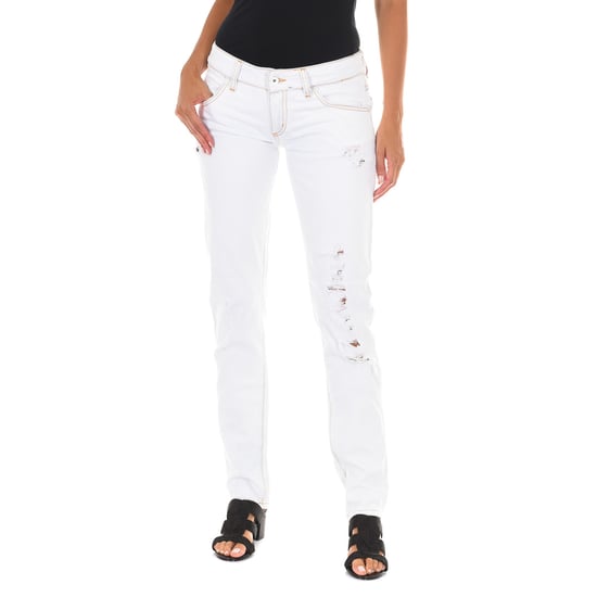 Long denim pants with ripped effect and narrow hems E014152 woman