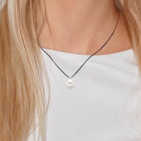 DIADEMA - Necklace - Black Nylon - White Freshwater Pearl and Real Diamond