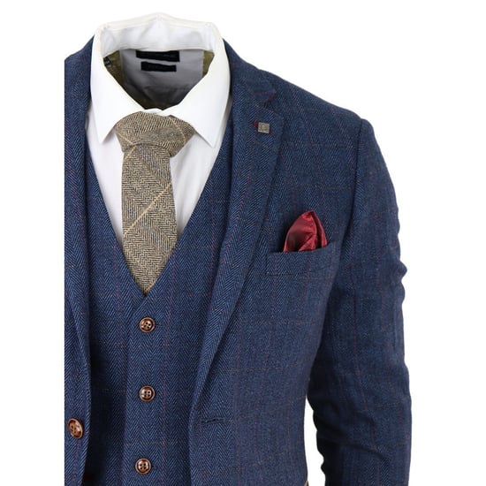 Mens Blue Tweed Check 3-Piece Suit - Image 4