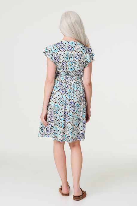 Green Printed Frill Sleeve Short Dress