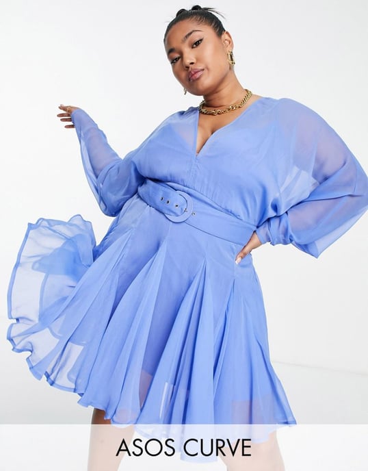 ASOS DESIGN Curve soft mini dress with godet detail and belt in blue