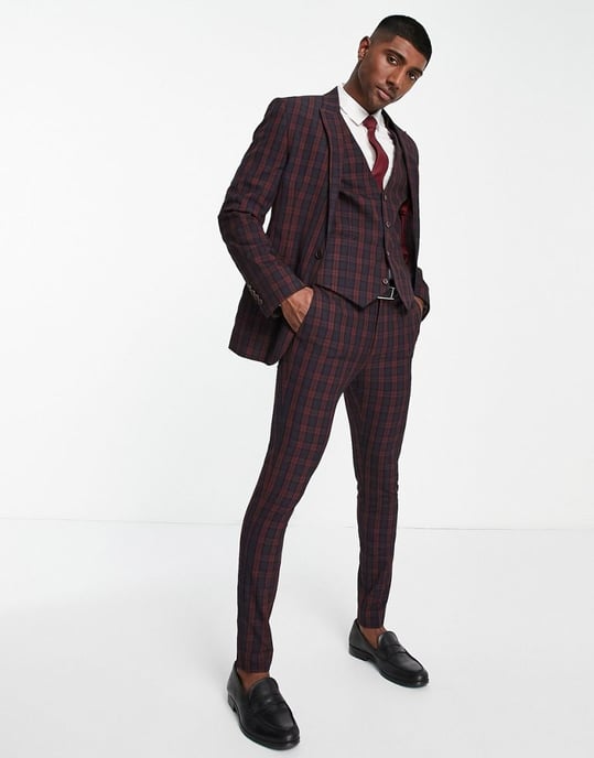 ASOS DESIGN wedding super skinny suit trousers in burgundy tartan-Red - Image 4