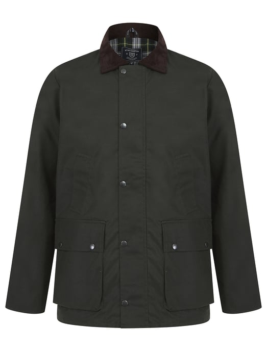 Olive Cotton Wax Jacket With Corduroy Collar