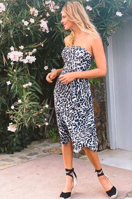 Black & White Animal Print Belted Bandeau Dress