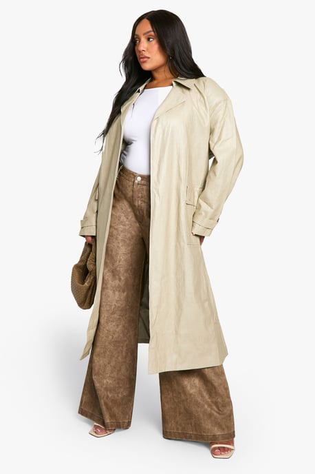 Plus Vintage Look Faux Leather Trench Coat - Image 3