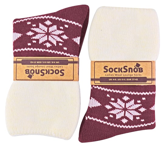 Ladies Wool Bed Socks with Fairisle Design | Sock Snob | Thermal Lounge Socks for Winter | Used for Boots, Sleep, Outdoors or as a Gift | Xmas Christmas Designs - Red - Image 2