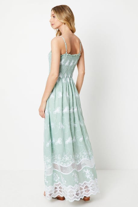 Lace Detail Shirred Bodice Embroidered Strappy Midi Dress