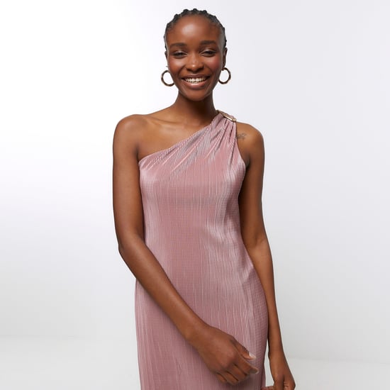 river island asymmetric dress Blue Metallic Knit Asymmetric Midi Dress