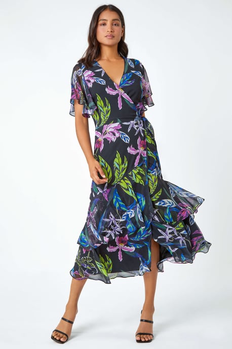 Tropical Print Tiered Midi Wrap Dress
