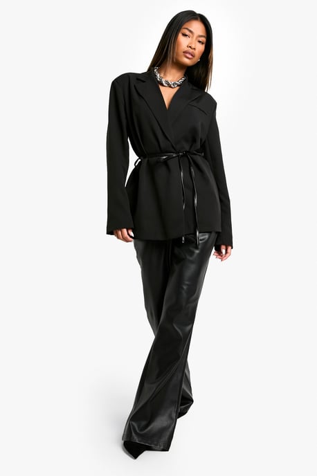 Marl Shoulder Pad Belted Blazer