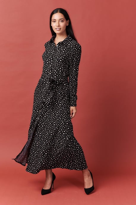 Ditsy Print Tie Waist Midi Shirt Dress