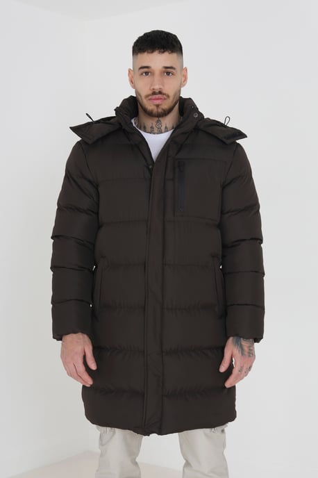 Brown Longline Hooded Padded Puffer Jacket