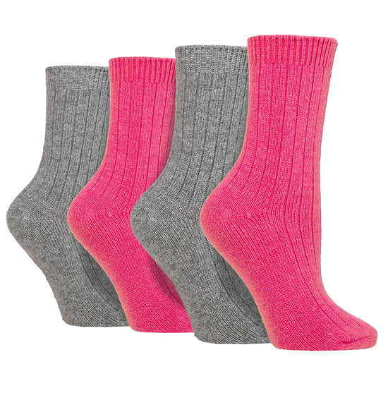 4 Pack Ladies Cashmere Boot Socks | Wildfeet | Ribbed Crew Wool Bed Socks - Pink/Grey - Image 1